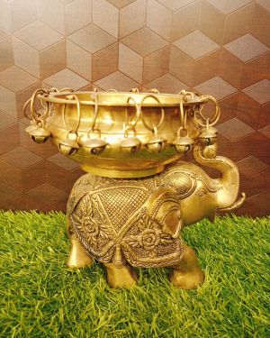 Brass Elephant With Uruli 8″ / Pure & Antique