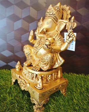 Brass Ganesha Sitting On Stool / Pure & Antique