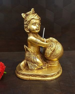 Brass Baby Krishna With Butter Pot Statue 7″