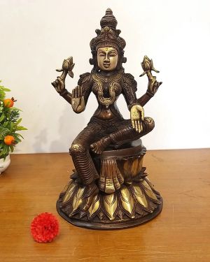 Brass Lakshmi Sitting on Lotus Statue With Brown Antique finish 15″