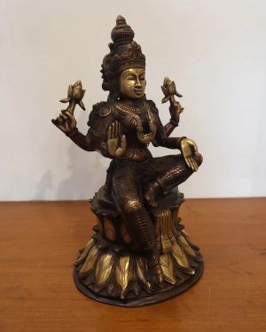 Brass Lakshmi Sitting on Lotus Statue With Brown Antique finish 15″