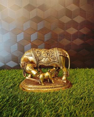 Brass Cow And Calf With Swastik Design Statue 5″