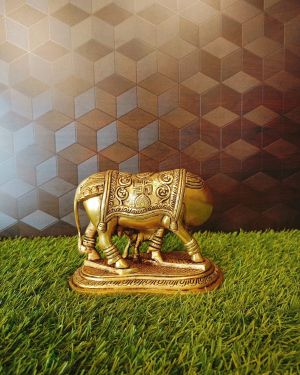 Brass Cow And Calf With Swastik Design Statue 5″