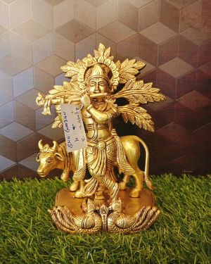 Brass Cow Krishna Tree Statue 9″ , Pure & Antique