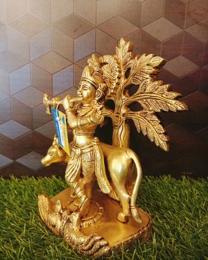 Brass Cow Krishna Tree Statue 9″ , Pure & Antique