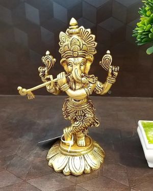 Brass Dancing Ganesha with flute idol- 7.5″