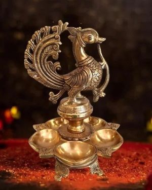 Brass Peacock Five Face Diya Idol , Pure & Antique 11″