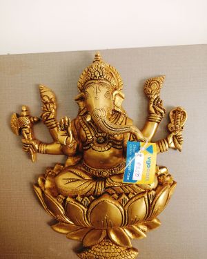 Brass Ganesha Wall Hanging With Lotus Base 12″ , Pure & Antique