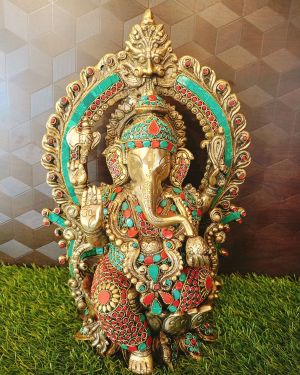 Brass Big Ston Ganesha Idol 15″ / Pure & Antique