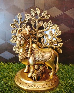 Brass Kamadhenu With Tree Statue 7.5″