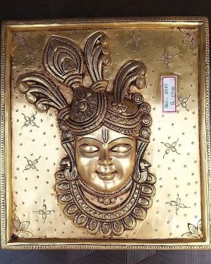 Brass Krishna Face Wall Hanging Square Plate 10″  Pure & Antique