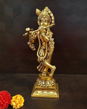 Brass Krishna With Floral Base  Statue 10″ / Pure & Antique