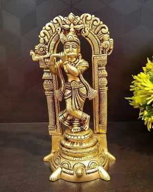 Brass Krishna With Arch Standing On Tortoise Idol 9″