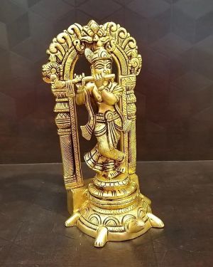 Brass Krishna With Arch Standing On Tortoise Idol 9″