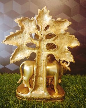 Brass Cow Krishana With Tree Idol , Pure & Antique 9″