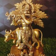 Brass Cow Krishana With Tree Idol , Pure & Antique 9″