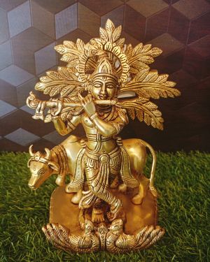 Brass Cow Krishana With Tree Idol , Pure & Antique 9″