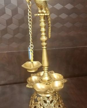 Brass Five Face Diya With Parrot Idol / Pure & Antique