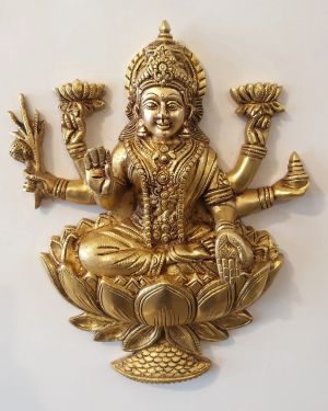 Brass Lakshmi Wall Hanging With Lotus Base , Pure & Antique 12″