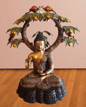 Brass Mango Tree Buddha Big Idol 30″ / Pure & Antique