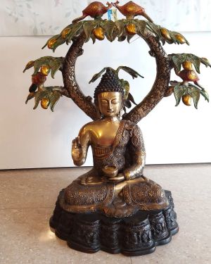 Brass Mango Tree Buddha Big Idol 30″ / Pure & Antique