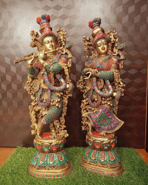 Brass Radha Krishna Big Stone Idol / Pure & Antique