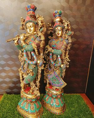 Brass Radha Krishna Big Stone Idol / Pure & Antique