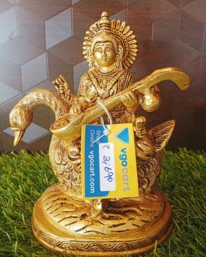 Brass Goddess Maa Saraswathi Sitting On Annam Statue 7” Inches