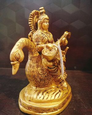 Brass Goddess Maa Saraswathi Sitting On Annam Statue 7” Inches