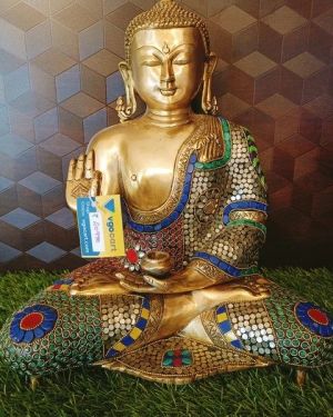 Brass Multicolor Stone Buddha 16″ / Pure & Antique