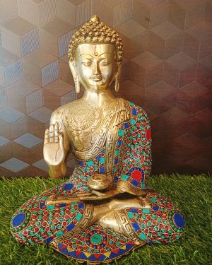 Brass Stone Buddha Statue 12″ / Pure & Antique