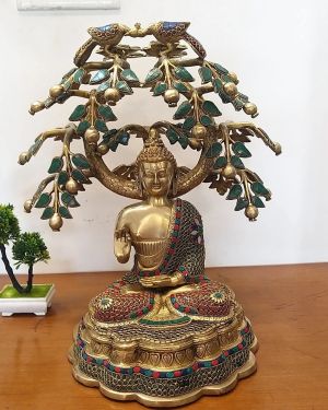 Brass Stone Work Tree Buddha Statue 22″ / Pure & Antique