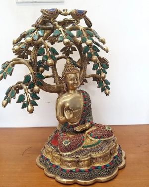 Brass Stone Work Tree Buddha Statue 22″ / Pure & Antique