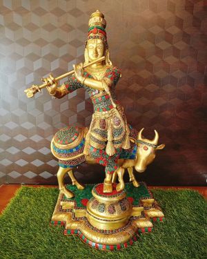 Pure Brass Stone Krishna With Cow 24″ / Pure & Antique