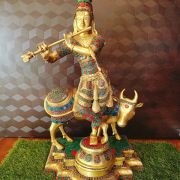 Pure Brass Stone Krishna With Cow 24″ / Pure & Antique