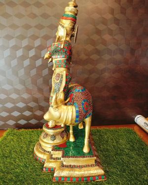 Pure Brass Stone Krishna With Cow 24″ / Pure & Antique