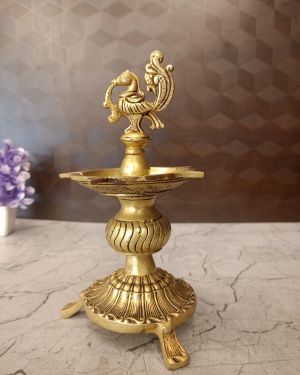 Brass Cup Shape Kuthuvilaku | Five Face Pure Brass Kuthuvilaku With Annam 8”