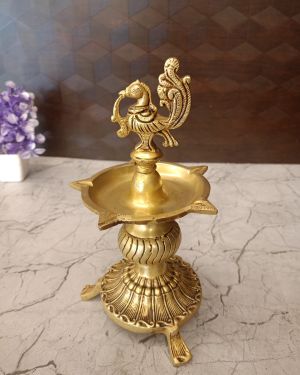 Brass Cup Shape Kuthuvilaku | Five Face Pure Brass Kuthuvilaku With Annam 8”