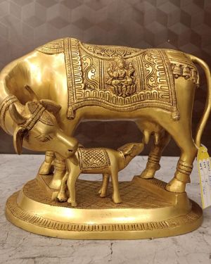 Buy Brass Big Cow And Calf With Flower Designs 9″