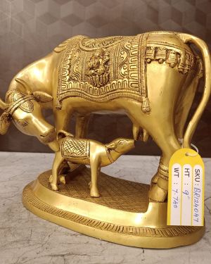 Buy Brass Big Cow And Calf With Flower Designs 9″