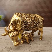 Brass Fine Art Cow And Calf / Very Good For Home Kamadenu Statue 4″