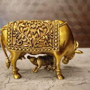 Brass Fine Art Cow And Calf / Very Good For Home Kamadenu Statue 4″