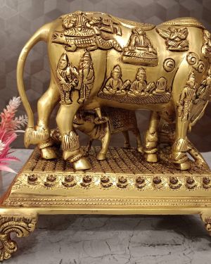 Buy Brass Cow And Calf With All Gods With Peacock And Krishna 9.5″