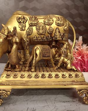 Buy Brass Cow And Calf With All Gods With Peacock And Krishna 9.5″