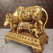Buy Brass Cow And Calf With All Gods With Peacock And Krishna 9.5″
