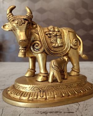 Brass Cow and Calf with Radha Krishna Idol- 4″
