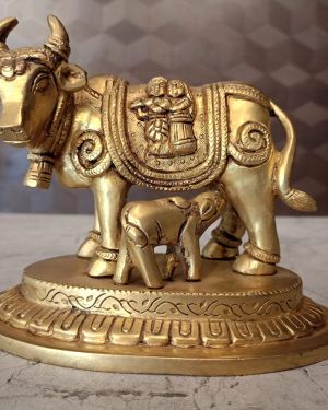 Brass Cow and Calf with Radha Krishna Idol- 4″