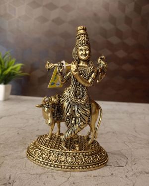 Brass Fine Art Cow Krishna For Home Decor & Wedding Gifts 6″