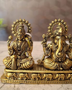 Brass Fine Art Lakshmi Ganesha On Rectangle Base With Elephant Design 3″