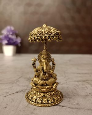 Brass Fine art Lotus Ganesha with an Umberalla 2.5″